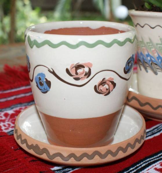 Ghiveci ceramic, cu farfurioara, pentru flori, traditional (II)